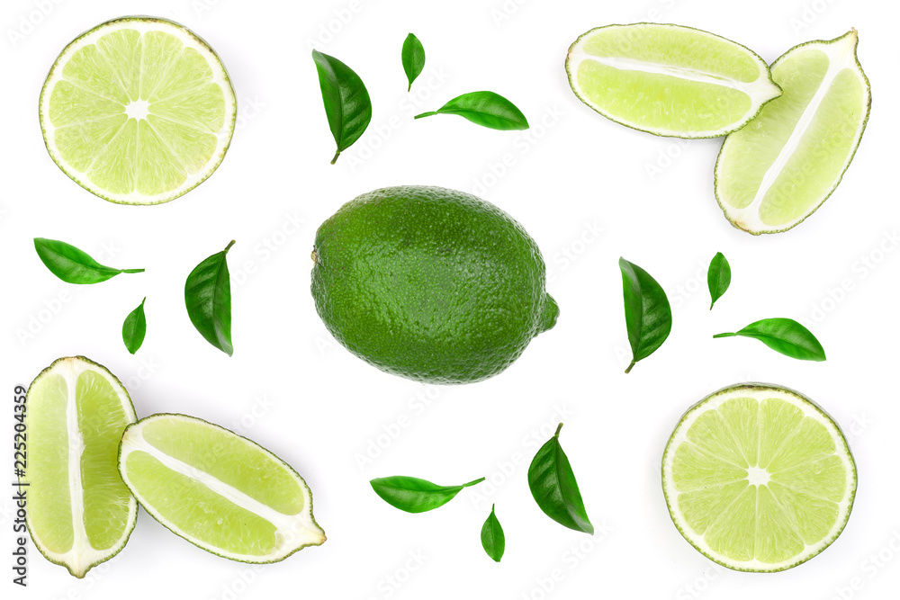 sliced lime vith leaves isolated on white background with copy space for your text. Top view. Flat lay pattern sliced lime vith leaves isolated on white background with copy space for your text. Top view. Flat lay pattern