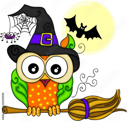Owl with a hat witch and moon with bat