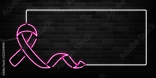 Vector realistic isolated neon sign of pink ribbon frame for decoration and covering on the wall background. Concept of October, Breast cancer awareness month.