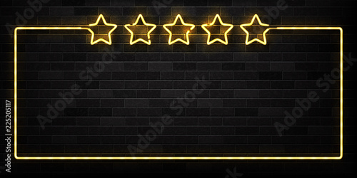 Vector realistic isolated neon sign of Five Stars frame logo for decoration and covering on the wall background. Concept of luxury and VIP.