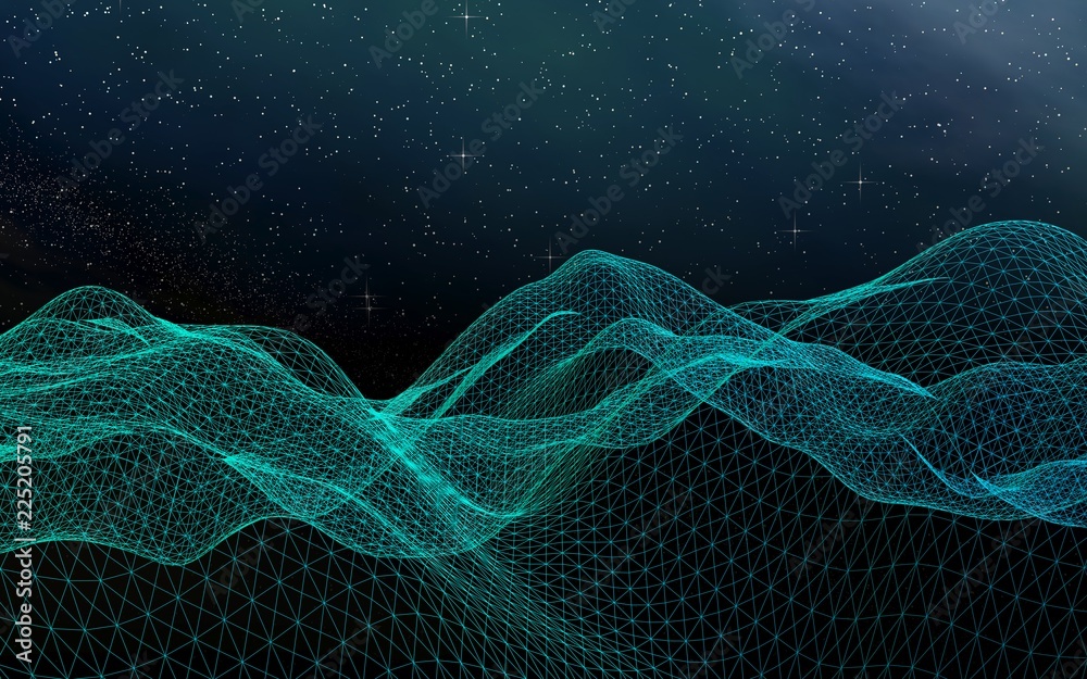 Fototapeta premium Abstract landscape on a dark background. Star horizon. Cyberspace grid. Hi-tech network. Outer space. Starry outer space texture. 3D illustration