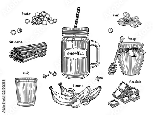 Smoothie in a glass jar. The individual ingredients. Berries, cinnamon, milk, bananas, chocolate, honey, mint. 