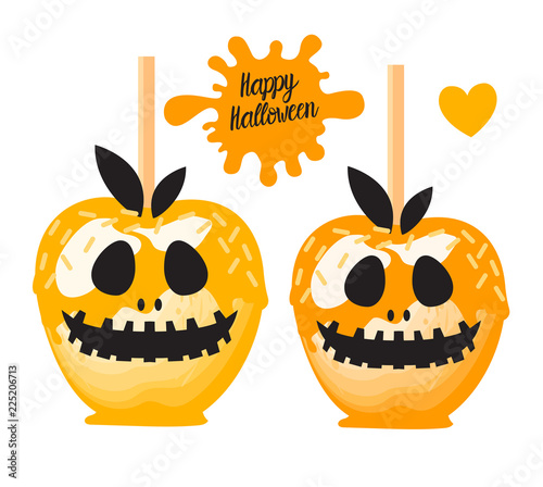 Apple with orange caramel Sweet candy on sticks. Happy Halloween dessert. Vector illustration on white background.