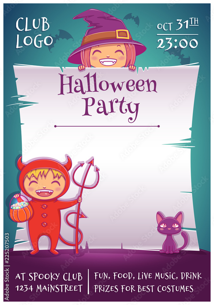 Fototapeta premium Halloween poster with little kids in costumes of witch and devil with black kitten and broom. Happy Halloween party. Editable template with text space.