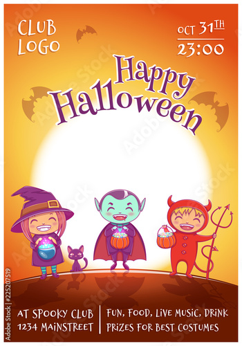 Halloween poster with kids in costumes of witch  vampire and devil for Happy Halloween party. On jrange background with full moon.