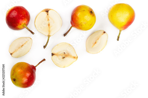 ripe red yellow pear fruits isolated on white background with copy space for your text. Top view. Flat lay pattern