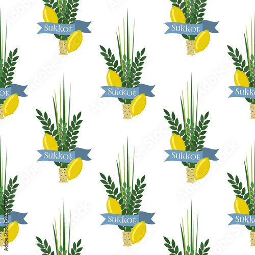 Jewish festival of Sukkot traditional seamless pattern judaism background religion festival citrus willow vector illustration.