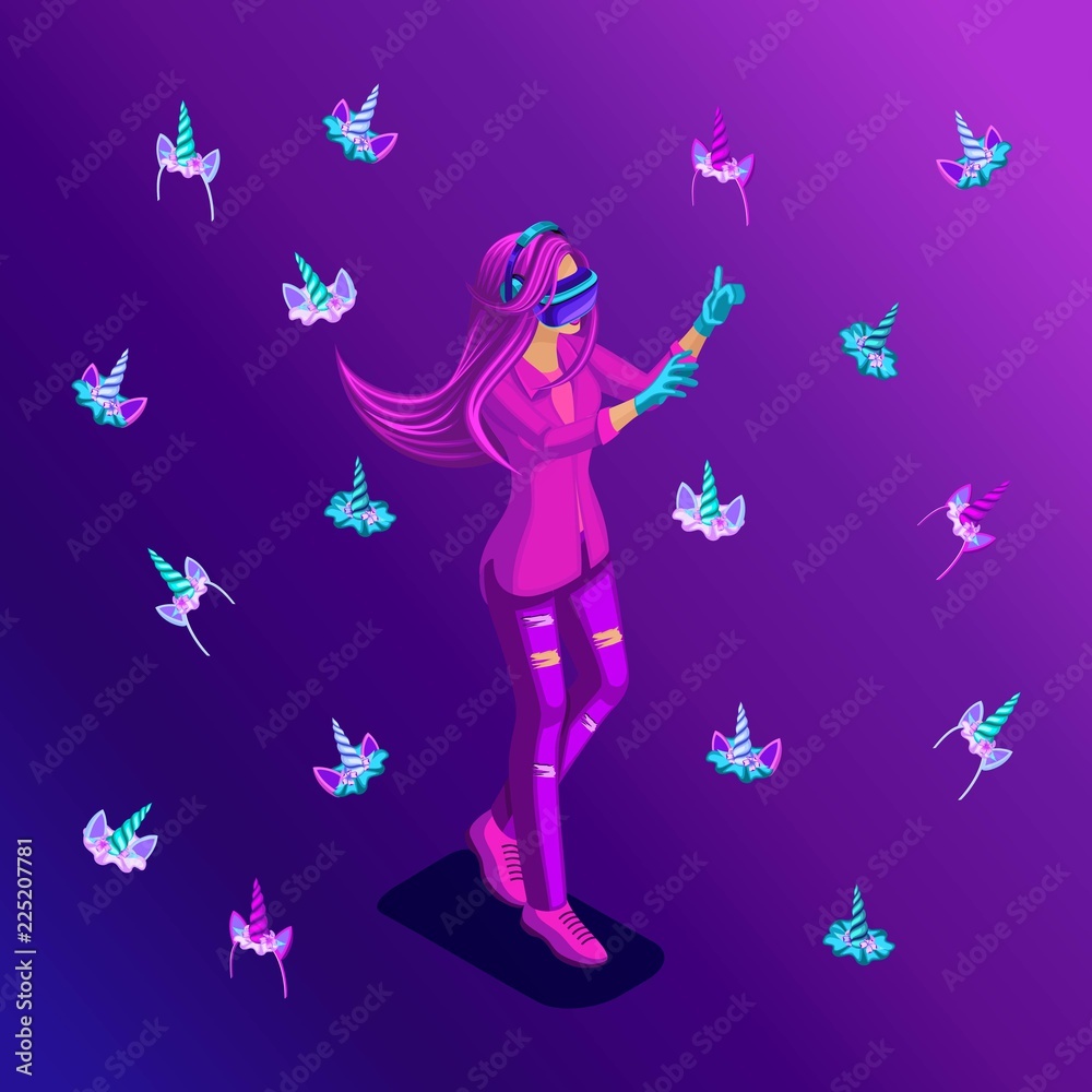 Isometric girl, concept of virtual game on a bright background, teenager, bright colors of clothes and hair, colorful, rainbow, many accessories of unicorns, horns