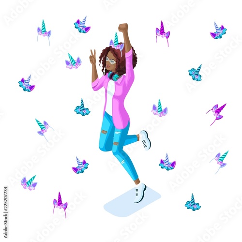 Isometric girl African American  teenager  generation of Z  bright colors of clothes and hair  colorful  rainbow  many accessories of unicorns  horns  modern design
