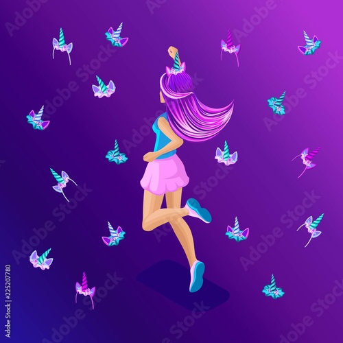 Isometric girl beauty hair, teenager bright background, generation of Z, bright colors of clothes and hair, colorful, rainbow, many accessories of unicorns, horns © elizaliv