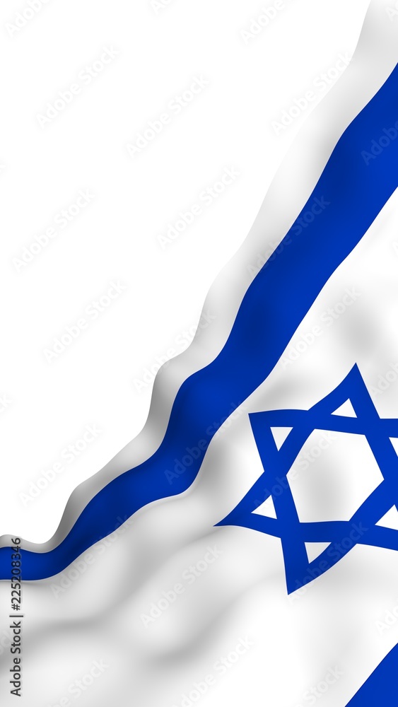 The flag of Israel. State symbol of the State of Israel. A blue Star of David between two horizontal blue stripes on a white field. 3d illustration