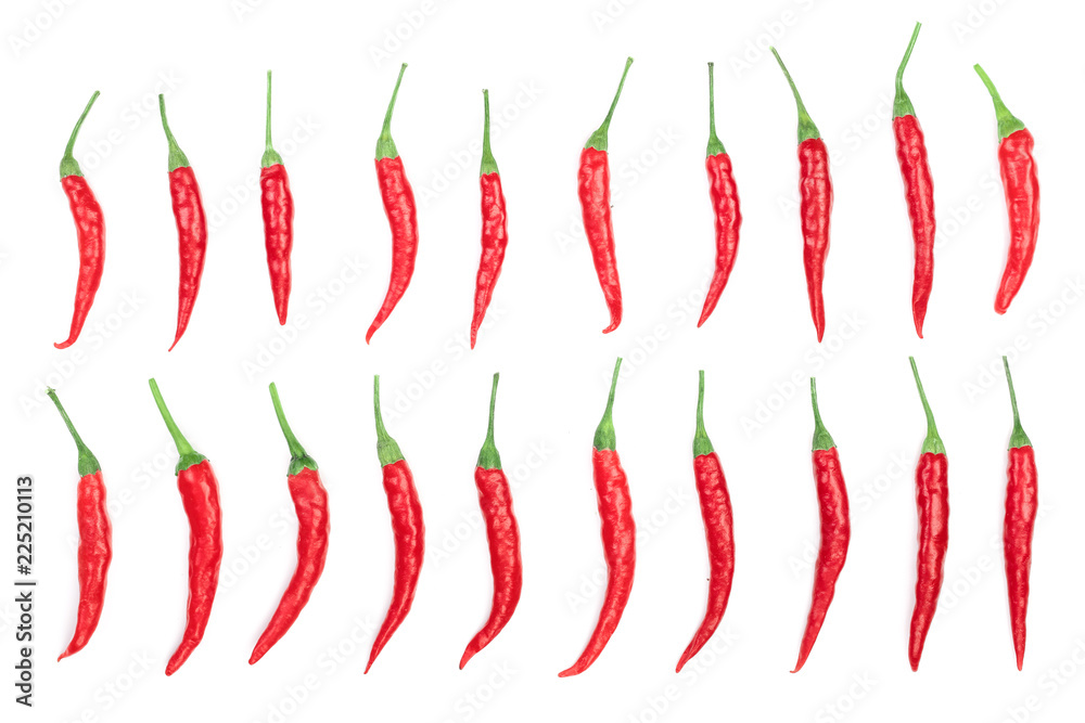 red hot chili peppers isolated on white background. Top view. Flat lay pattern. Set or collection red hot chili peppers isolated on white background. Top view. Flat lay pattern. Set or collection