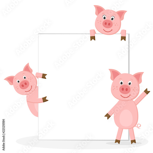 Three pigs waving and peeking out from behind a white sheet on a white.