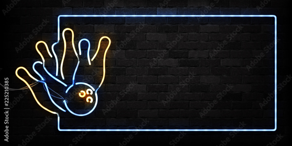 Naklejka premium Vector realistic isolated neon sign of Bowling frame logo for decoration and covering on the wall background. Concept of game sport and bowling club.