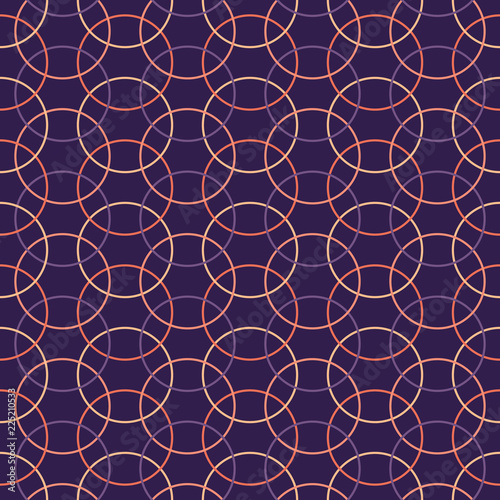 Construction of overlapping circles in soft pastel colors on mystic dark purple background, seamless vector pattern. Trendy geometric style. Great for fabrics, scrapbooking, interior design etc.