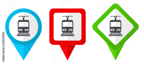 Train red, blue and green vector pointers icons. Set of colorful location markers isolated on white background easy to edit.