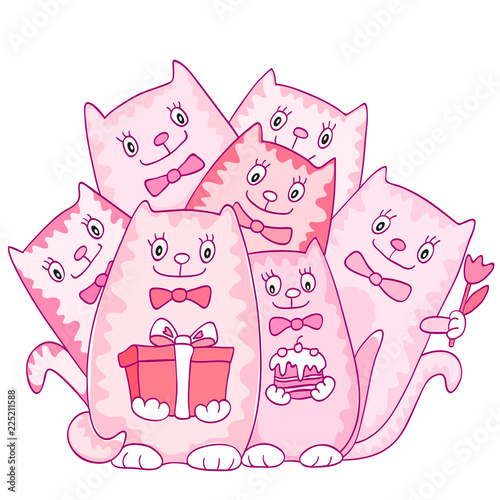 Group of pink cats with gifts