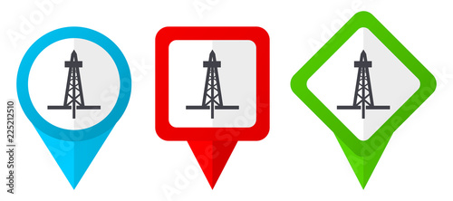 Drilling red, blue and green vector pointers icons. Set of colorful location markers isolated on white background easy to edit.