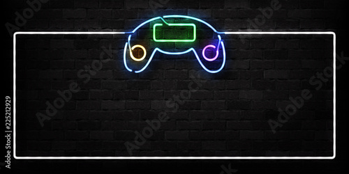 Vector realistic isolated neon sign of Controller frame logo for decoration on the wall background. Concept of game and computer leisure.