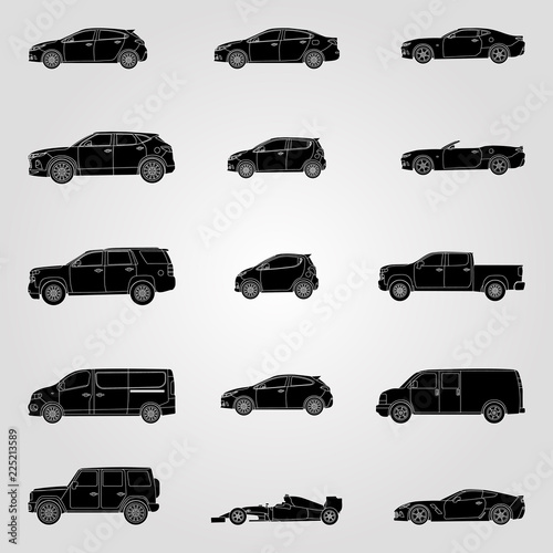 Black silhouettes set of different car. Vector