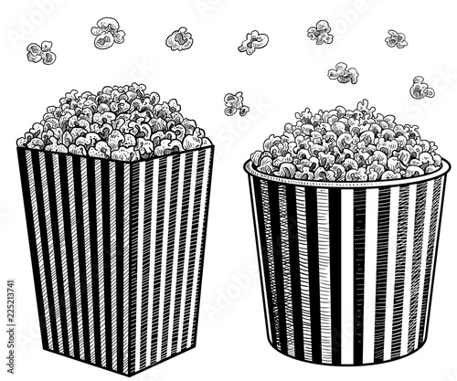 Popcorn in box illustration, drawing, engraving, ink, line art, vector