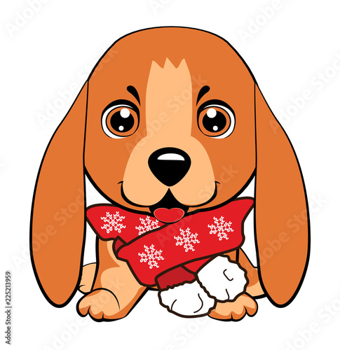 Dog puppy english setter. cheerful red dog with a scarf sits.