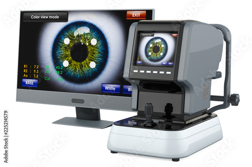 Auto Refractometer with computer monitor, 3D rendering photo