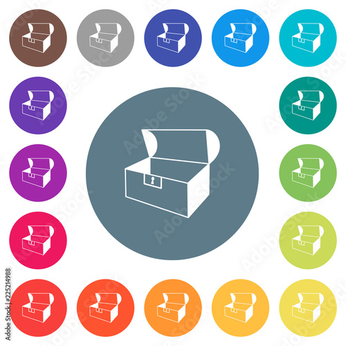 Empty open coffer flat white icons on round color backgrounds