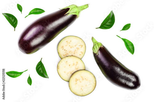 eggplant or aubergine isolated on white background. Top view. Flat lay pattern photo