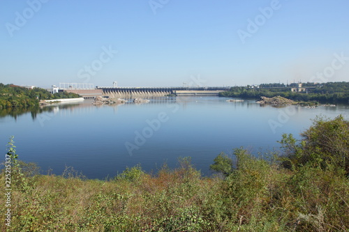 DneproGES. Hydroelectric power station on Dnieper River in Ukraine. Creation of electricity on water