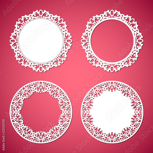 Laser cut vector abstract circular frames with swirls, vector ornament, vintage frame. May be used for laser cutting. Photo frames with lace for paper cutting.