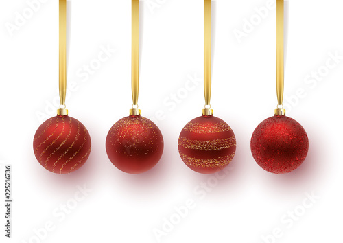 Set of red Christmas ball, with an ornament and spangles. Isolated on white background. Vector illustration.