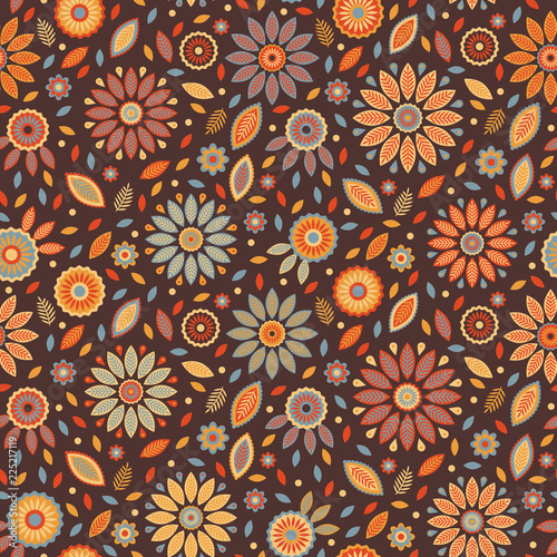Appealing natural pattern with flowers, leafs and feathers, vector repeat. Warm color combination with earthy, brown background. Great for gift wrapping paper, scrapbooking, wallpapers, textiles etc.