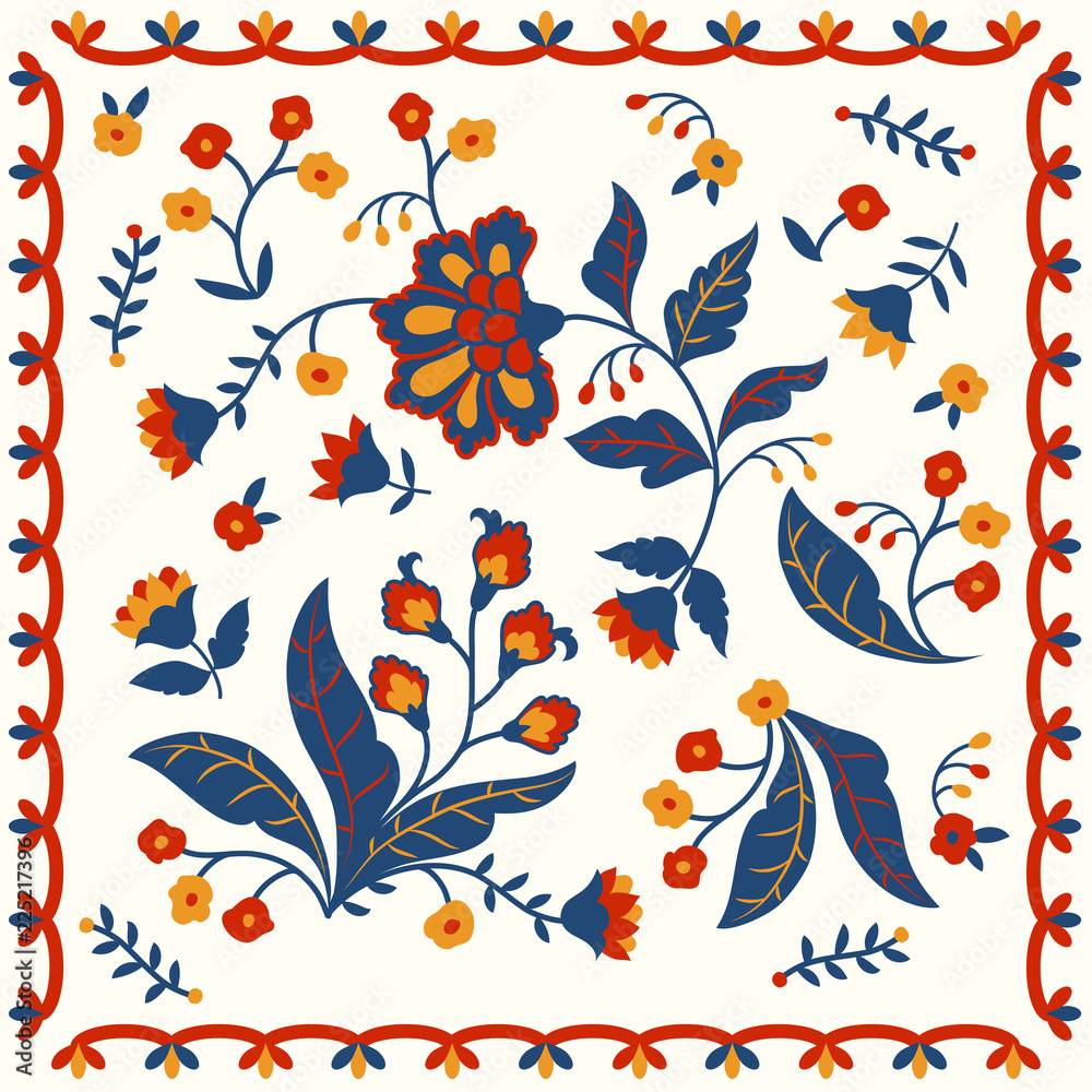 Obraz premium Set of floral embroidery style elements with folk blossoms and borders. Great for frames and borders, tunicas and textiles in general.