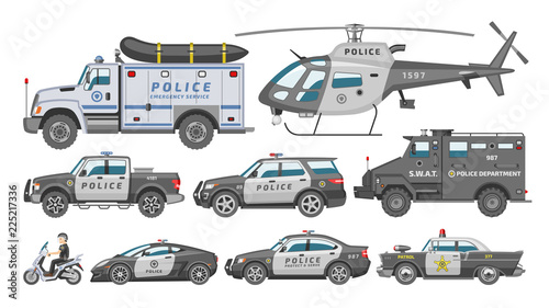 Police car vector policy vehicle or helicopter and policeman on motorbike illustration set of police-officers transport and police-service auto isolated on white background