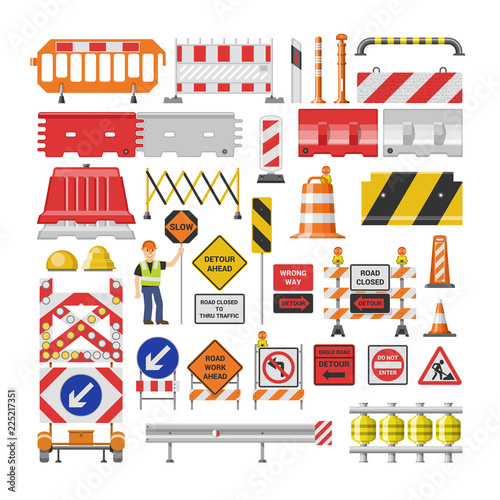 Road sign vector traffic street warning and barricade blocks on highway illustration set of roadblock detour and blocked roadwork barrier isolated on white background