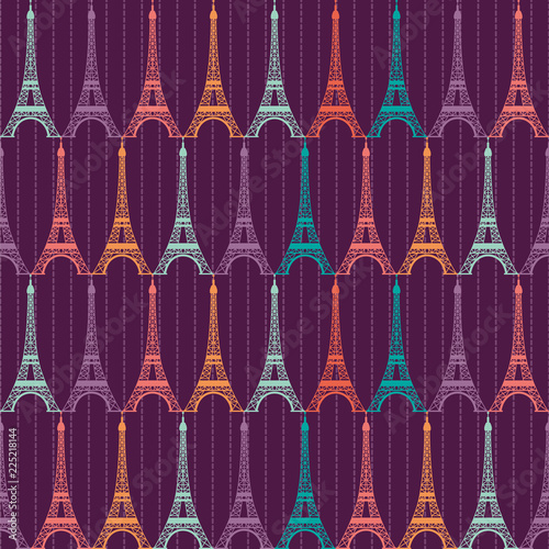 Colorful eifel tower pattern on purple pinstriped background, seamless vector repeat. Great for fashion or paper products..