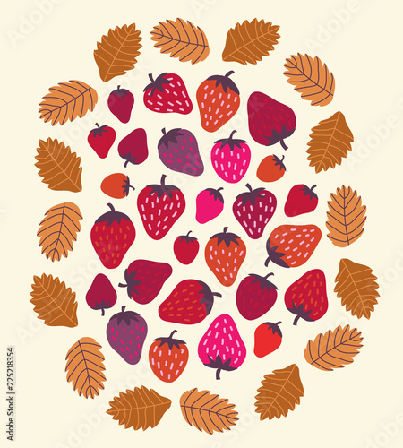 Playful drawn bunch of delicious strawberries with leaves around. Happy colourful vector design.