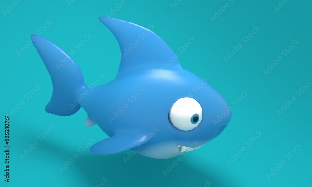 Fototapeta premium Model zabawka Shark na niebieskim tle. Renderowanie 3d
