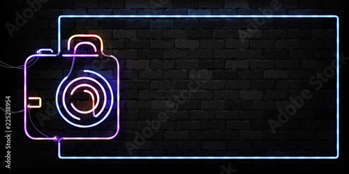 Vector realistic isolated neon sign of Camera frame logo for decoration on the wall background. Concept of photographer profession, cinema studio and creative process.