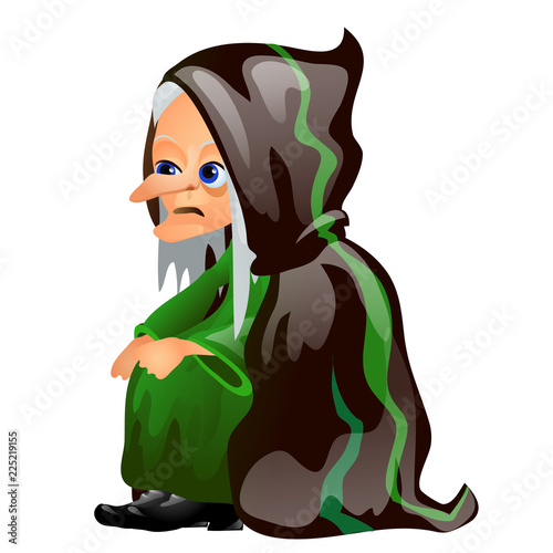 Old gray-haired witch in a black and green cloak isolated on white background. Sketch for a poster or card for the holiday of all evil spirits Halloween. Vector cartoon close-up illustration.