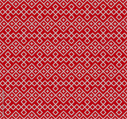 Seamless Slavic ethnic pattern on saturated red backdrop. The swatch is included.
