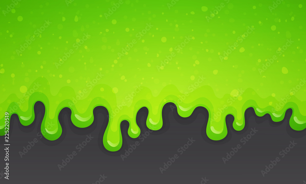 Dripping acid green glitter slime on grey background. Vector illustration.