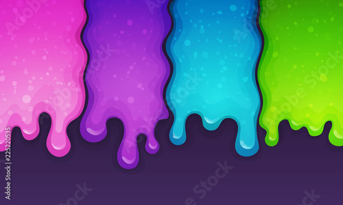 Fototapeta Naklejka Na Ścianę i Meble -  Dripping multicolored glitter slime on violet background. Pink, violet,blue, green colors. Vector illustration.