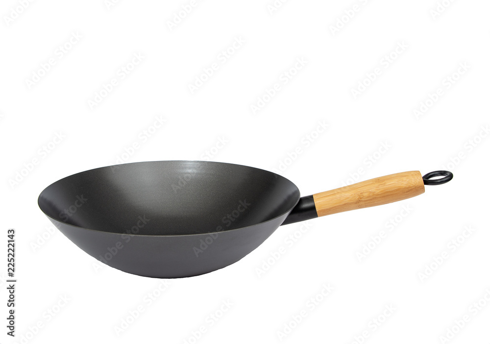 Chinese wok frying pan with wooden handle Stock Photo | Adobe Stock