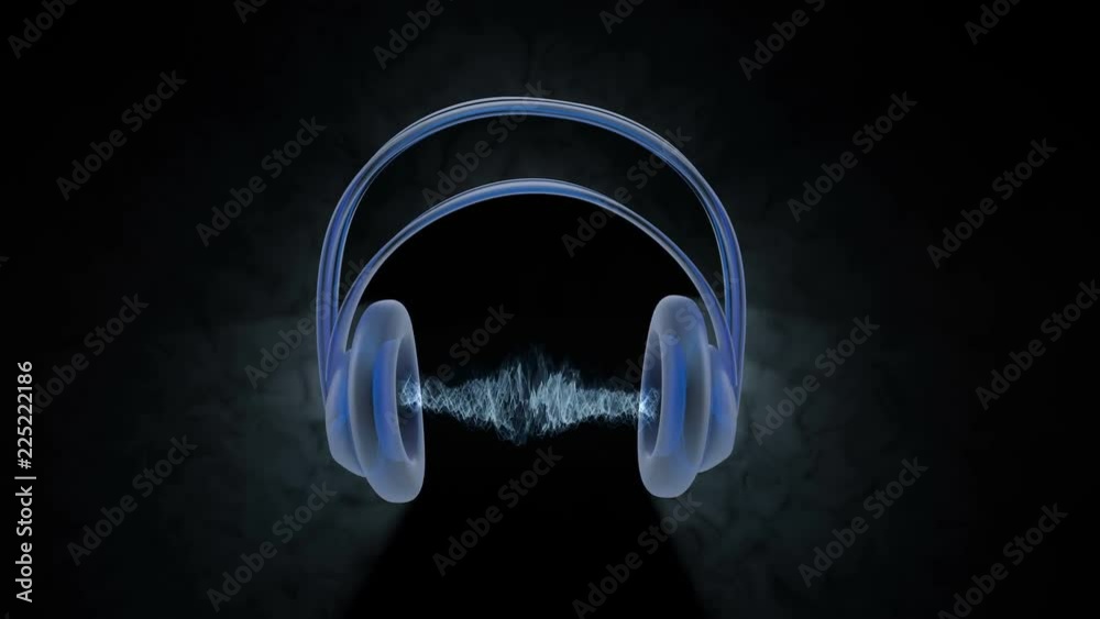 Holographic image of headphones with a sound wave between ear muffs