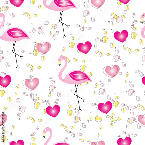 seamless pattern with flamingos and pink hearts vector - white background