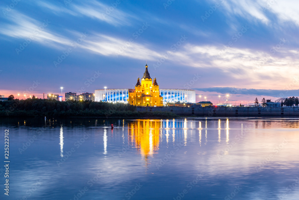 Evening view of Alexander Nevsky Cathedral and the stadium in Nizhny Novgorod