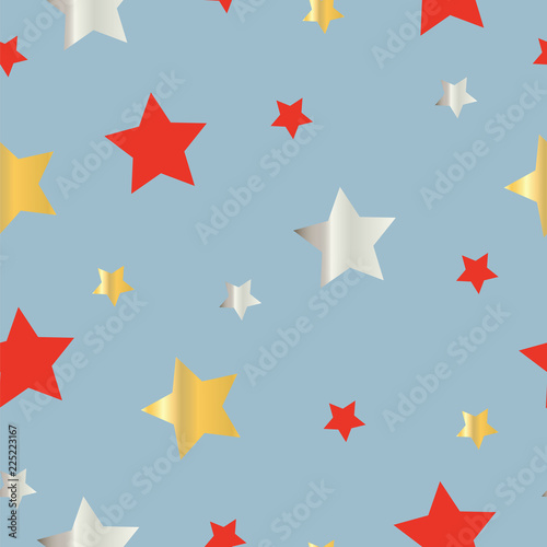seamless pattern with orange, yellow and grey stars isolated on sky blue background 