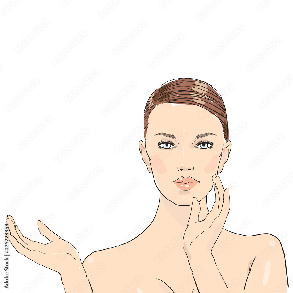 Beauty care illustration. Beautiful girl, young woman touching her face after beauty mask on a white background. Skin care. Relaxation. Aroma therapy. Beauty treatment. Facial cleansing Mask Beauty care illustration. Beautiful girl, young woman touching her face after beauty mask on a white background. Skin care. Relaxation. Aroma therapy. Beauty treatment. Facial cleansing Mask